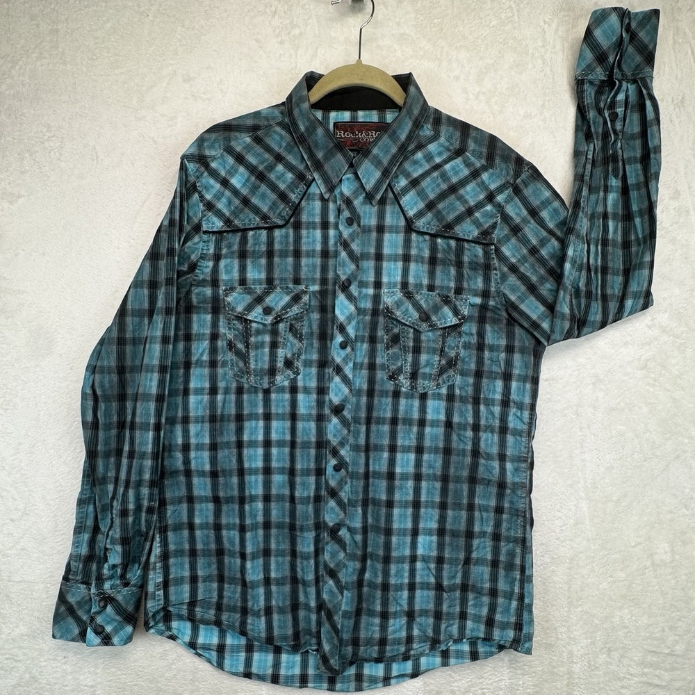 Rock & Roll Cowboy‎ Western Shirt Men's L Turquoise Plaid Snap Embroidered Cuff